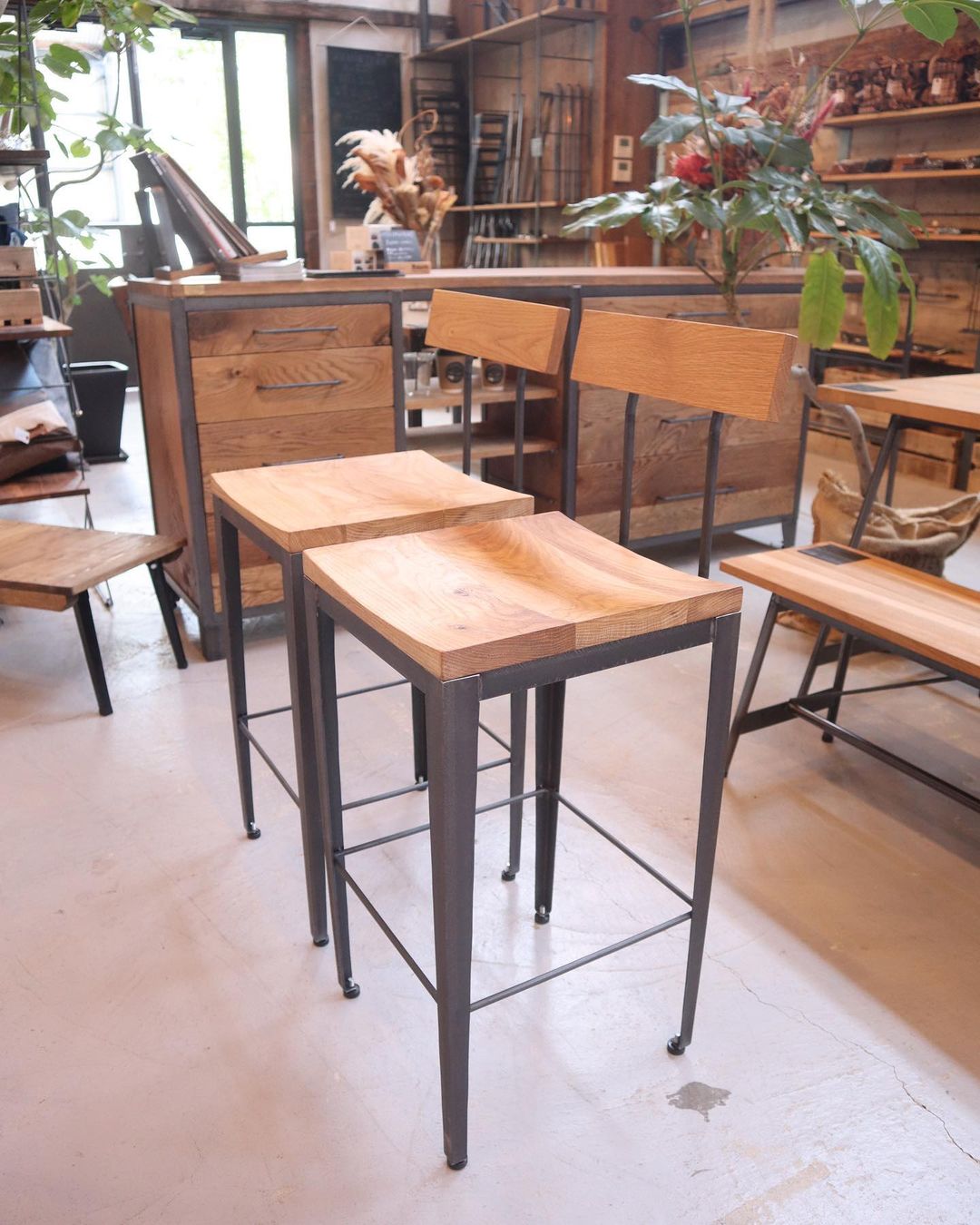 無垢アイアンカウンターチェア オーク無垢材