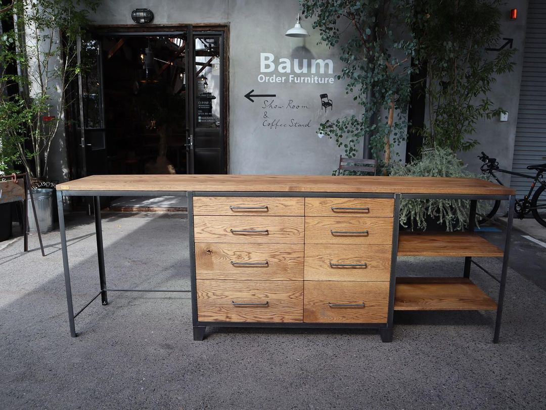 オーダー無垢アイアンキッチンボード キッチンシェルフ 収納 オーク無垢材 引き出し