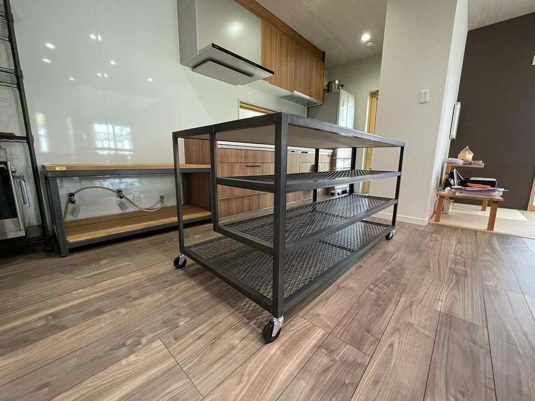 アイアンシェルフ オーブン台 オーク無垢材 シーザーストーン 作業台 パン屋 店舗什器