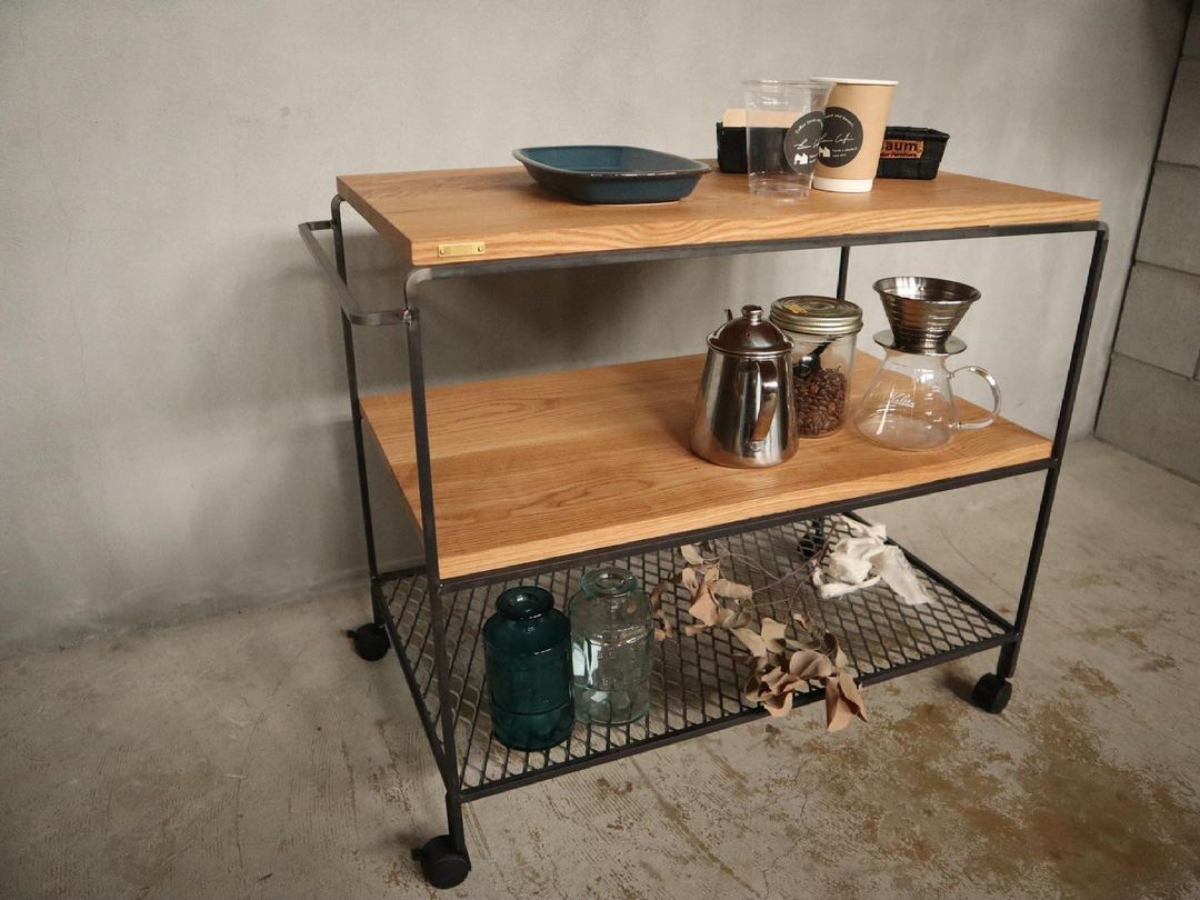 無垢材とアイアンのワゴンシェルフ キャスター 移動式 サイドデスク デスクワゴン コーヒー