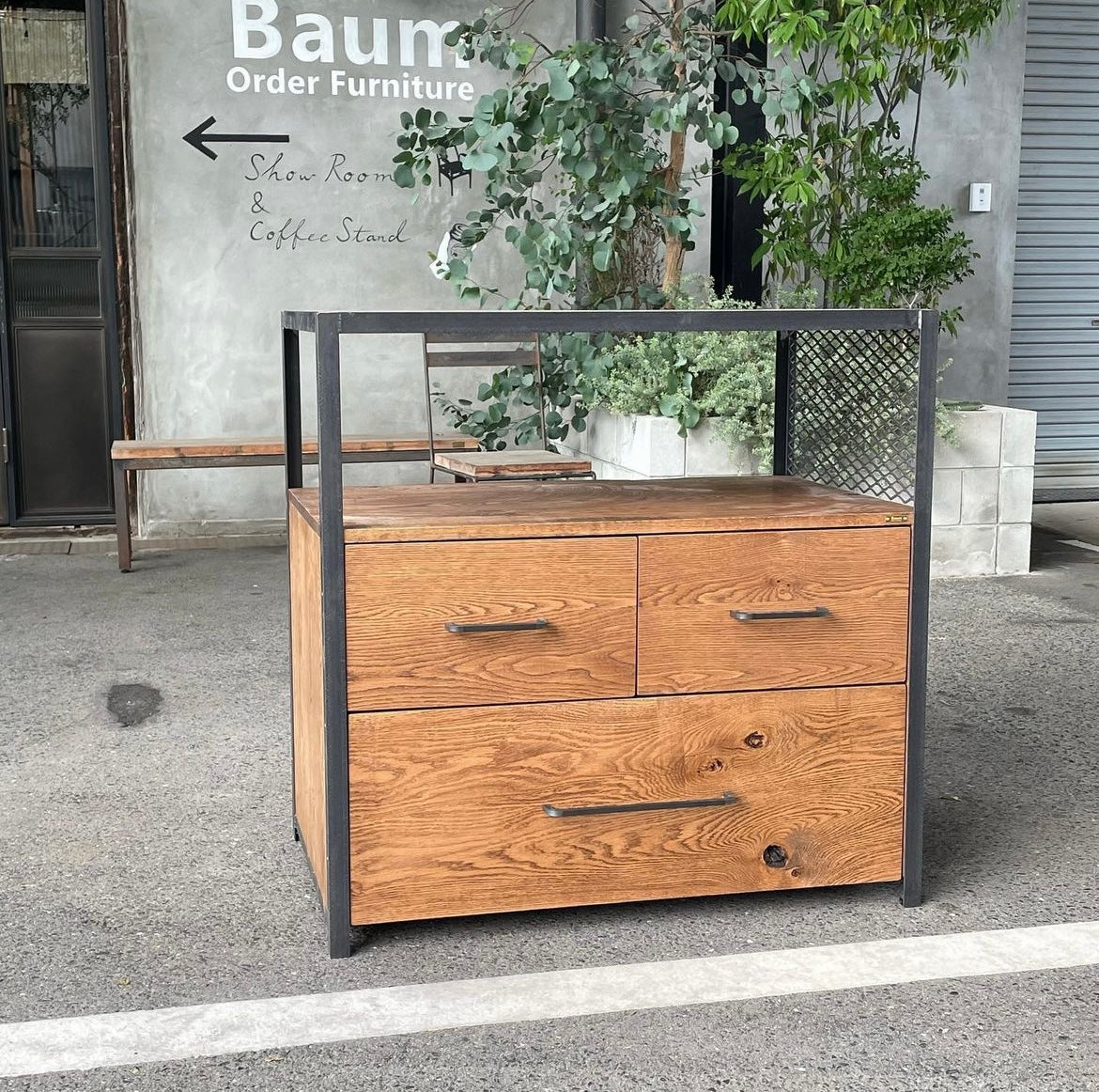 無垢アイアンチェスト エキスパンドメタル 引き出し三杯 オーク無垢材