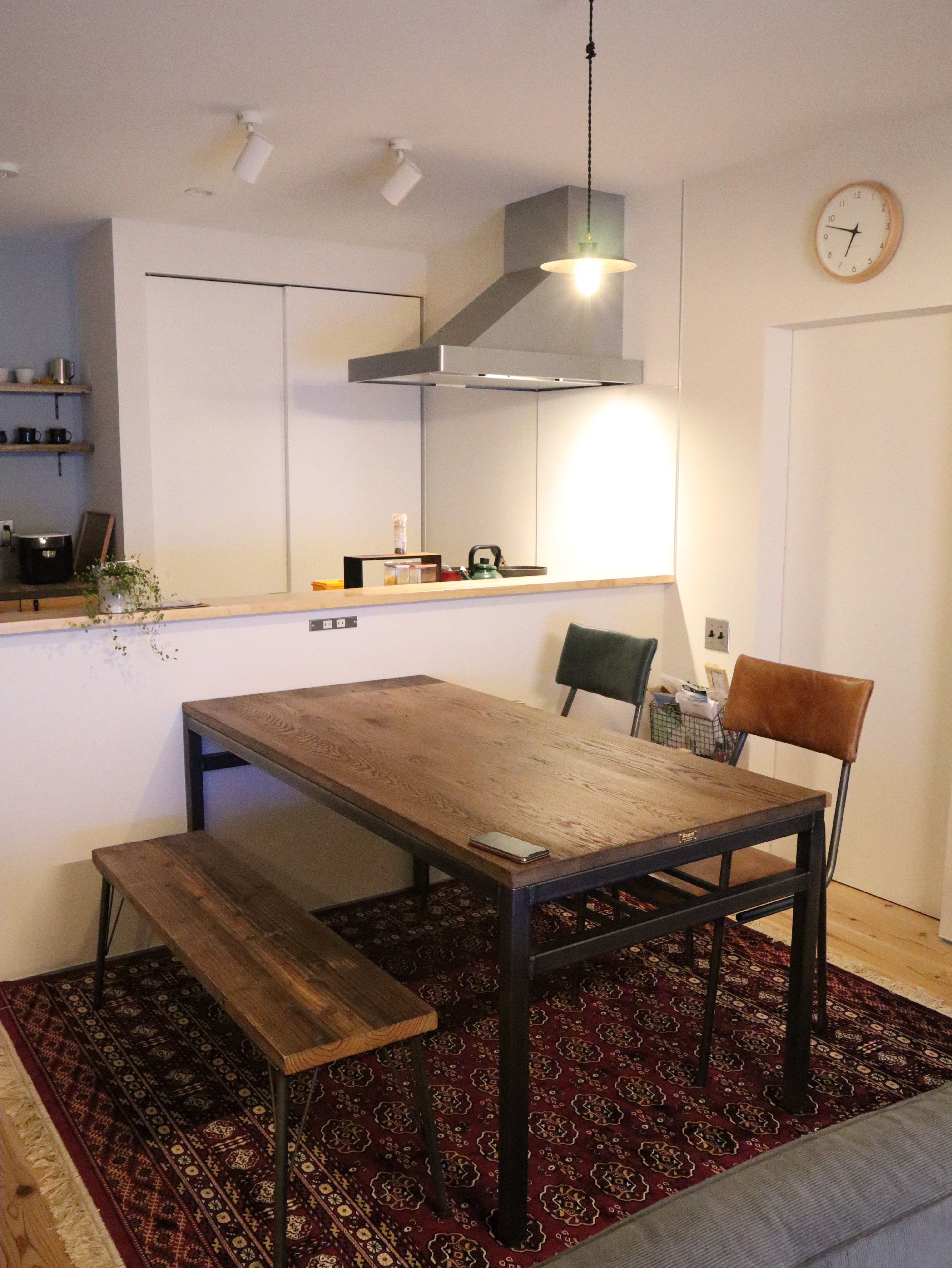 無垢アイアンダイニングテーブル、ベンチ レザーチェア