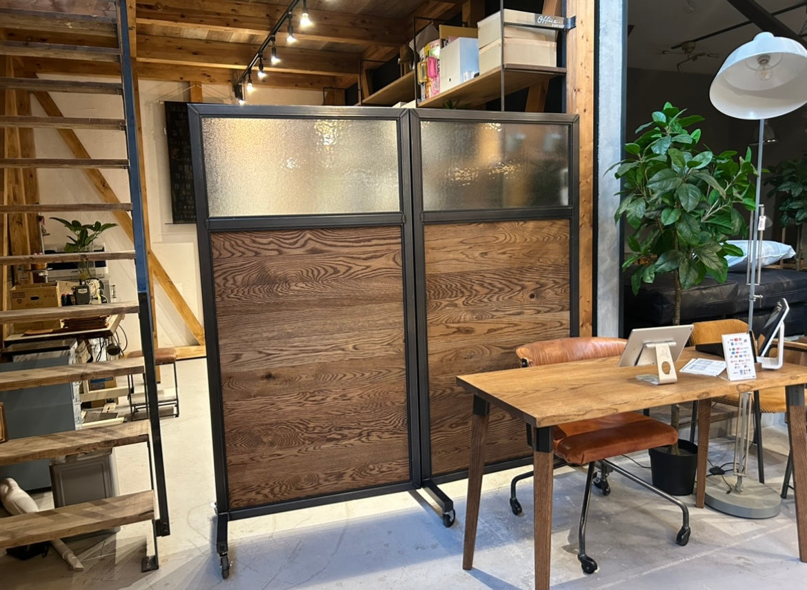 無垢アイアンパーテーション 移動式 折りたたみ オーク無垢材
