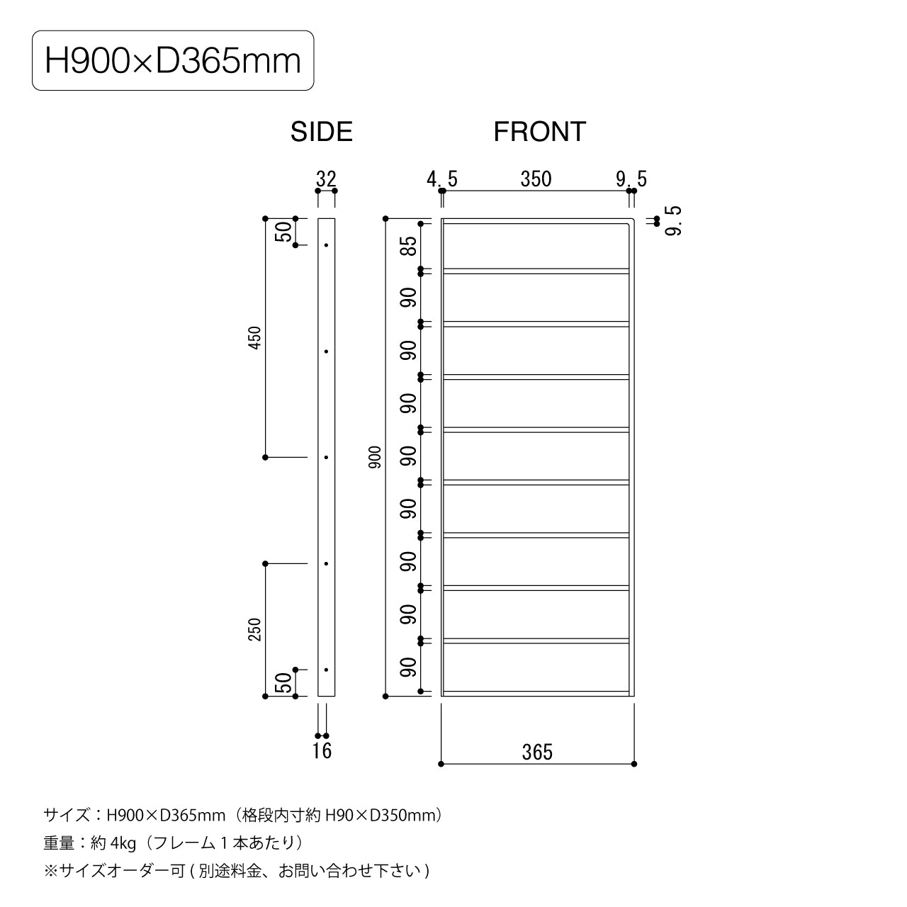 シェルフフレーム、ウォールシェルフ、本棚、壁付けシェルフ