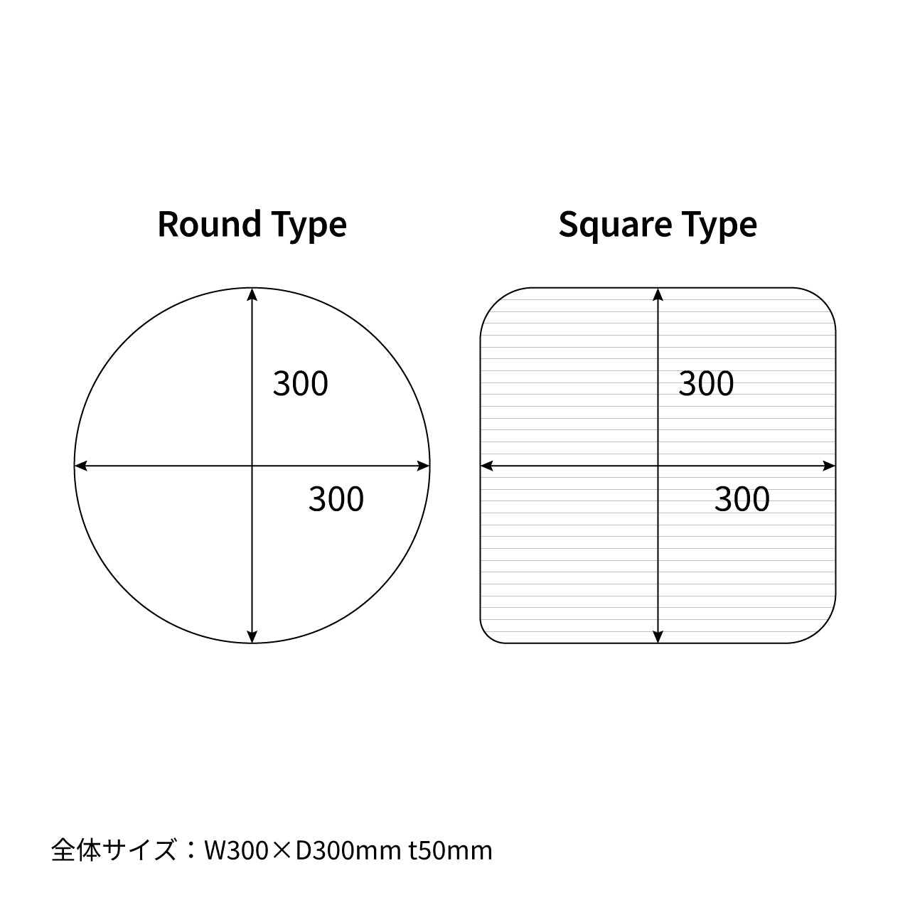 クッションパッドラウンドタイプとスクエアタイプのサイズ詳細
