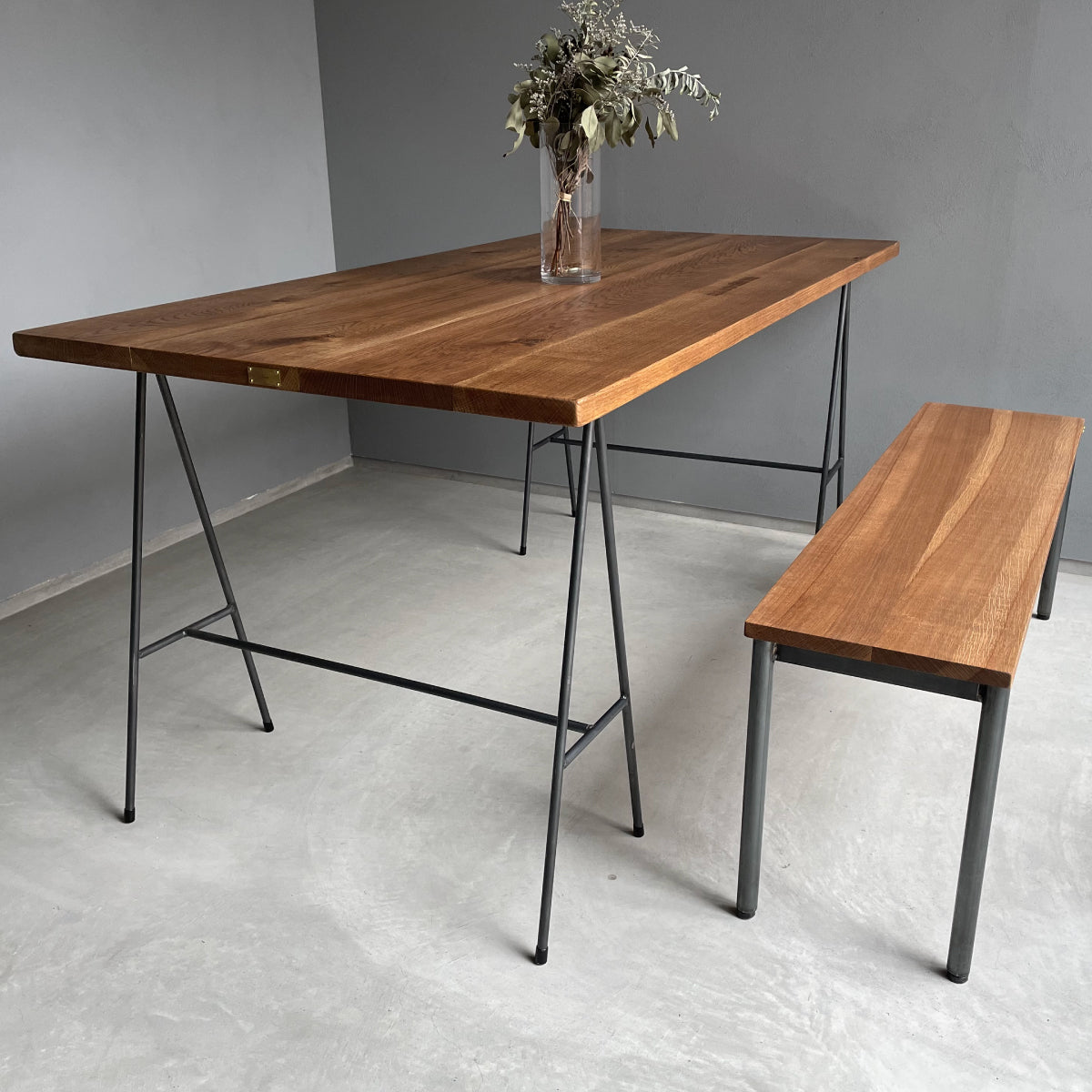 ダイニングベンチ、ベンチ、無垢材とアイアン脚のベンチ